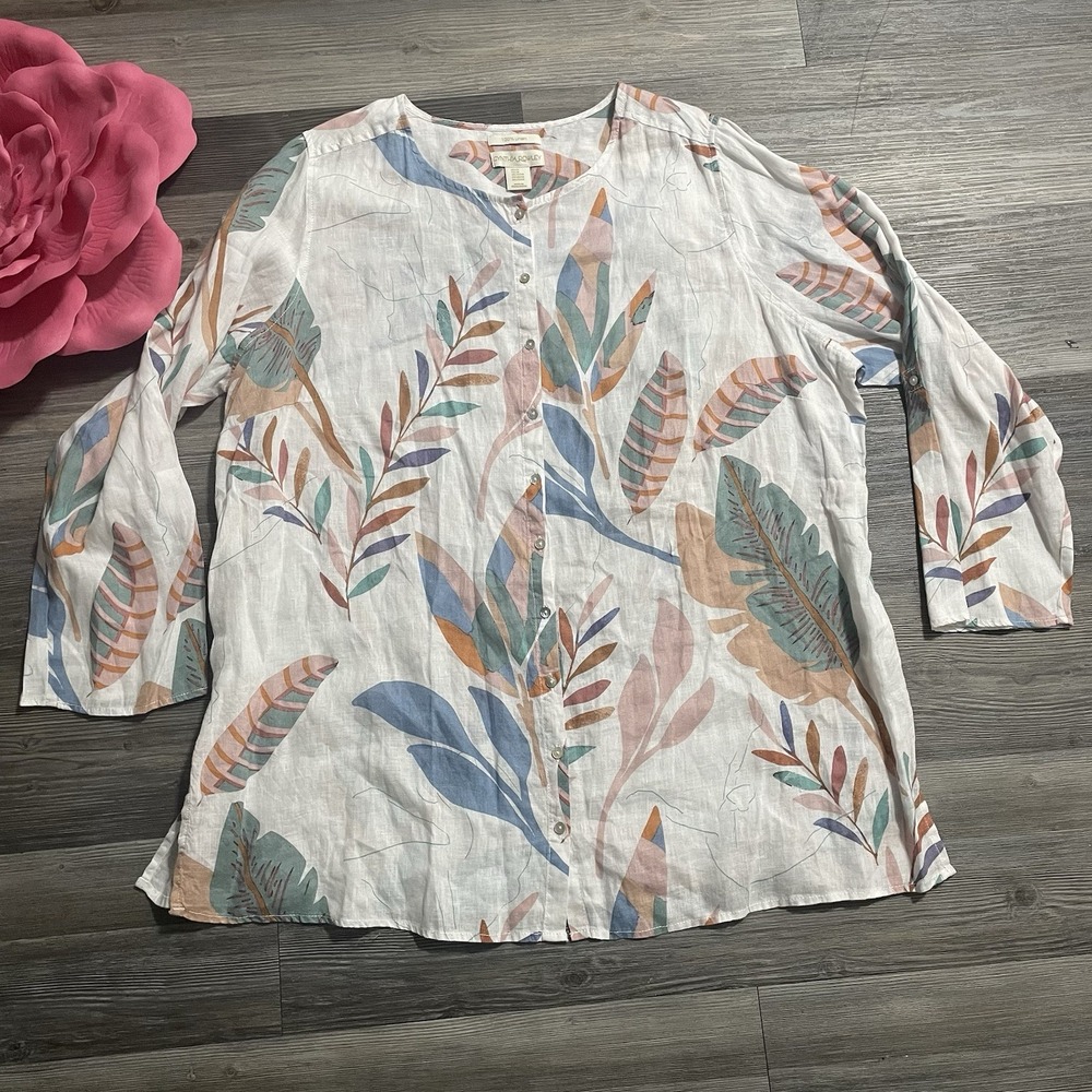 CYNTHIA ROWLEY 2X Tropical Floral 100% Linen Button Front Shirt Roll‎ Tab Sleeve